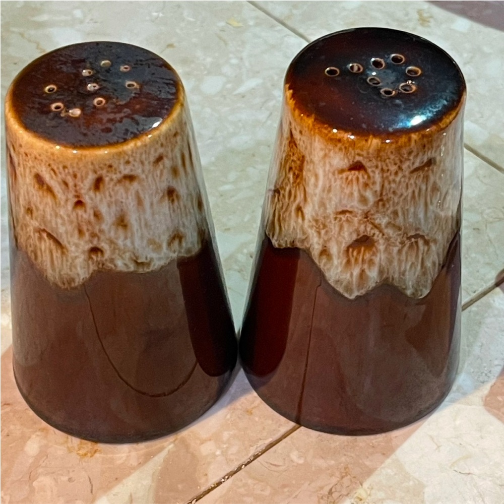 Harker Rawhide Brown Drip Glaze Lava Glaze Salt & Pepper Shakers, 4 1/4” tall